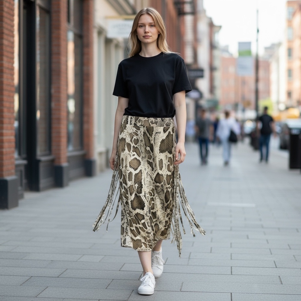 Animal Print Fringe Maxi Skirt
New